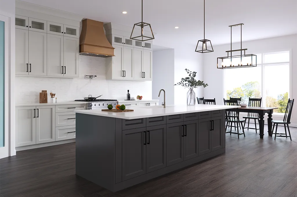 Cabinetry Brands 25 21st Century Cabinetry kitchen with white Shaker cabinets and a charcoal island