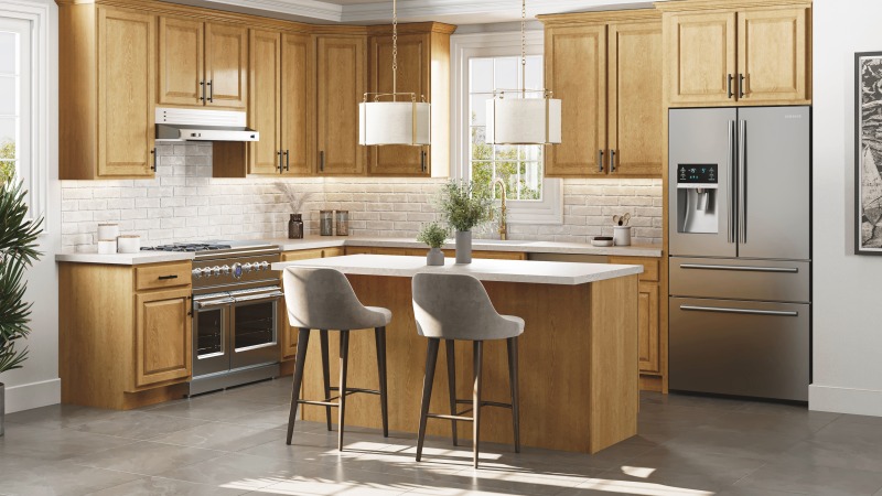 Cabinetry Brands 17 CNC Cabinetry kitchen with honey maple raised-panel cabinets and an island
