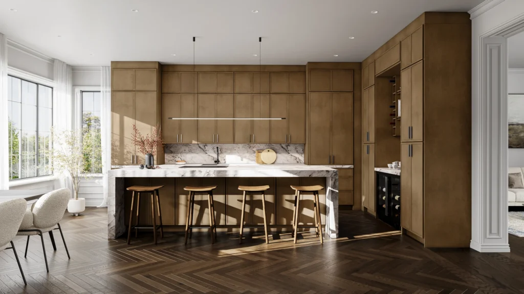 Cabinetry Brands 15 Fabuwood kitchen with warm walnut-tone cabinets and a waterfall stone island