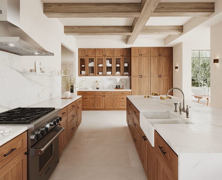 Cabinetry Brands 23 Forevermark Cabinetry kitchen with warm wood Shaker cabinets and glass-front uppers