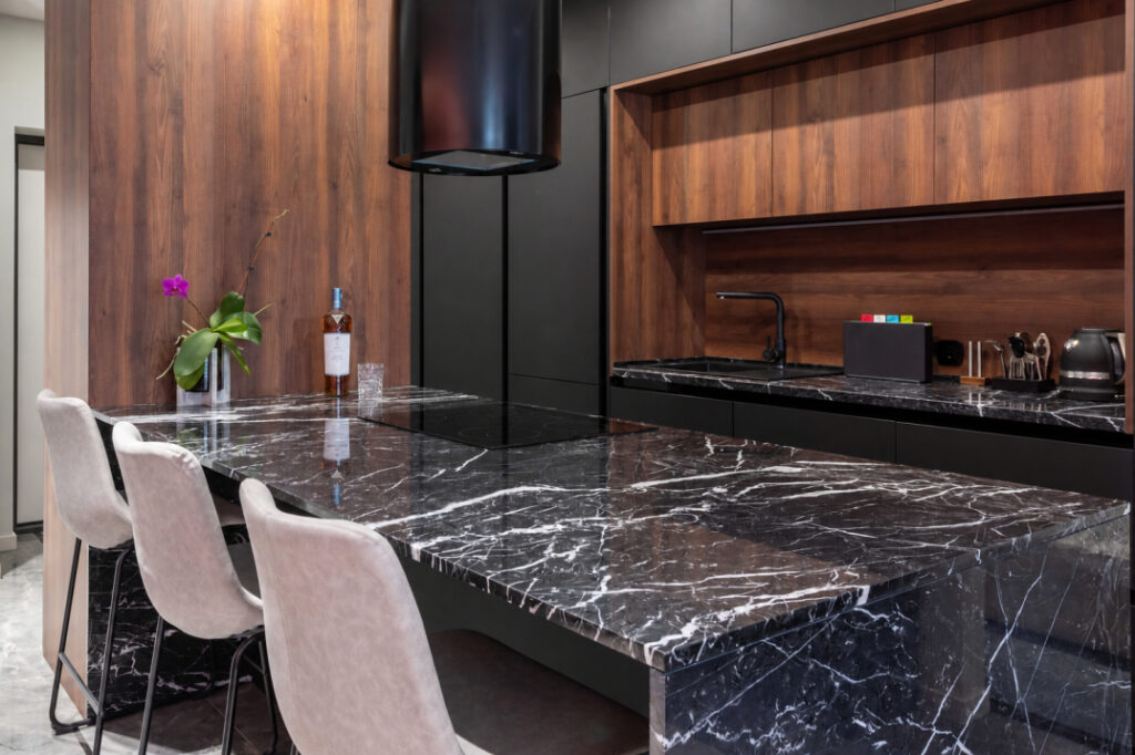 Queens, NY 3 Kitchen island with a waterfall countertop