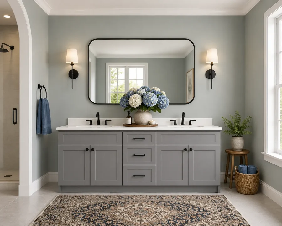 Gray single-sink bathroom vanity with drawer stacks beside a freestanding tub