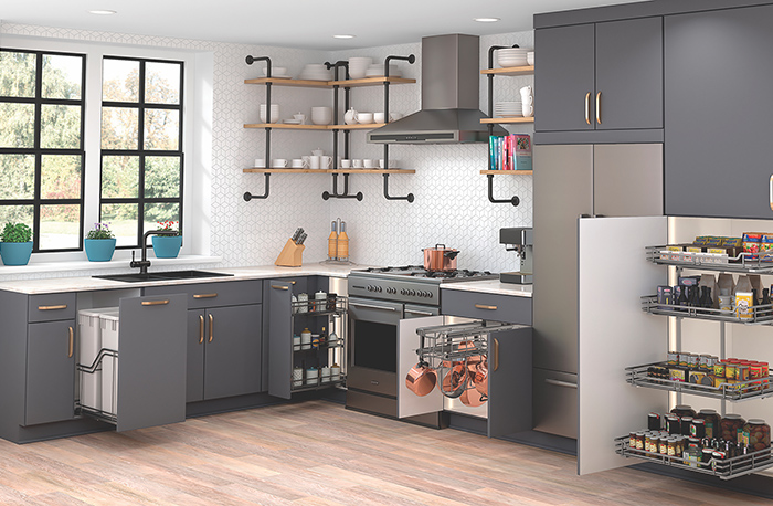 Gray kitchen with open pull-out organizers, a double trash pull-out and a tall pull-out pantry
