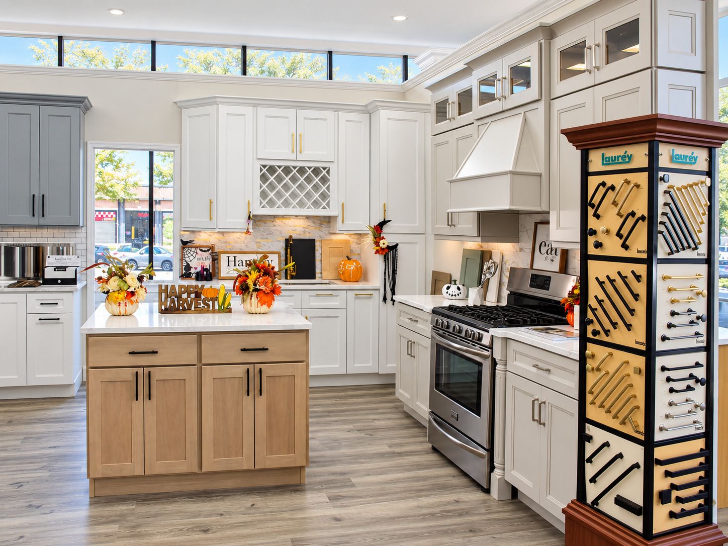 Kitchen cabinet displays inside the Kitchen Factory Newark showroom at 221 Frelinghuysen Ave, Newark, NJ