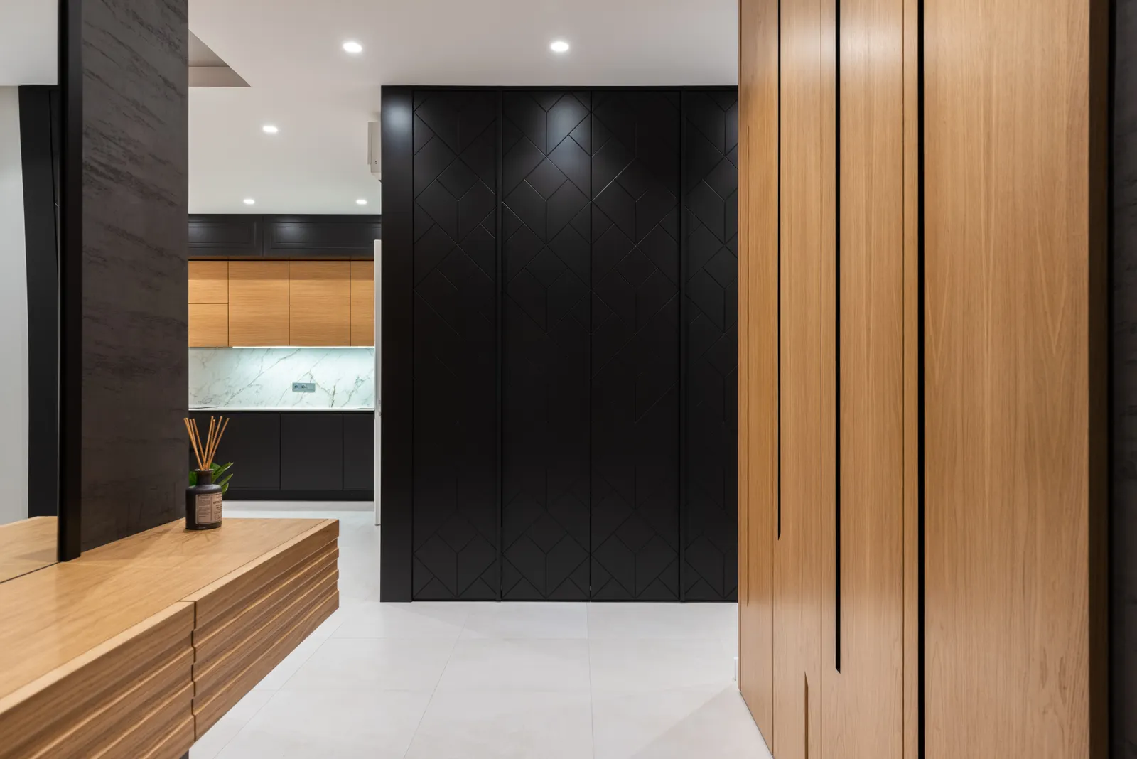 Mudroom Cabinets 4 Hallway with tall wood and black storage cabinets