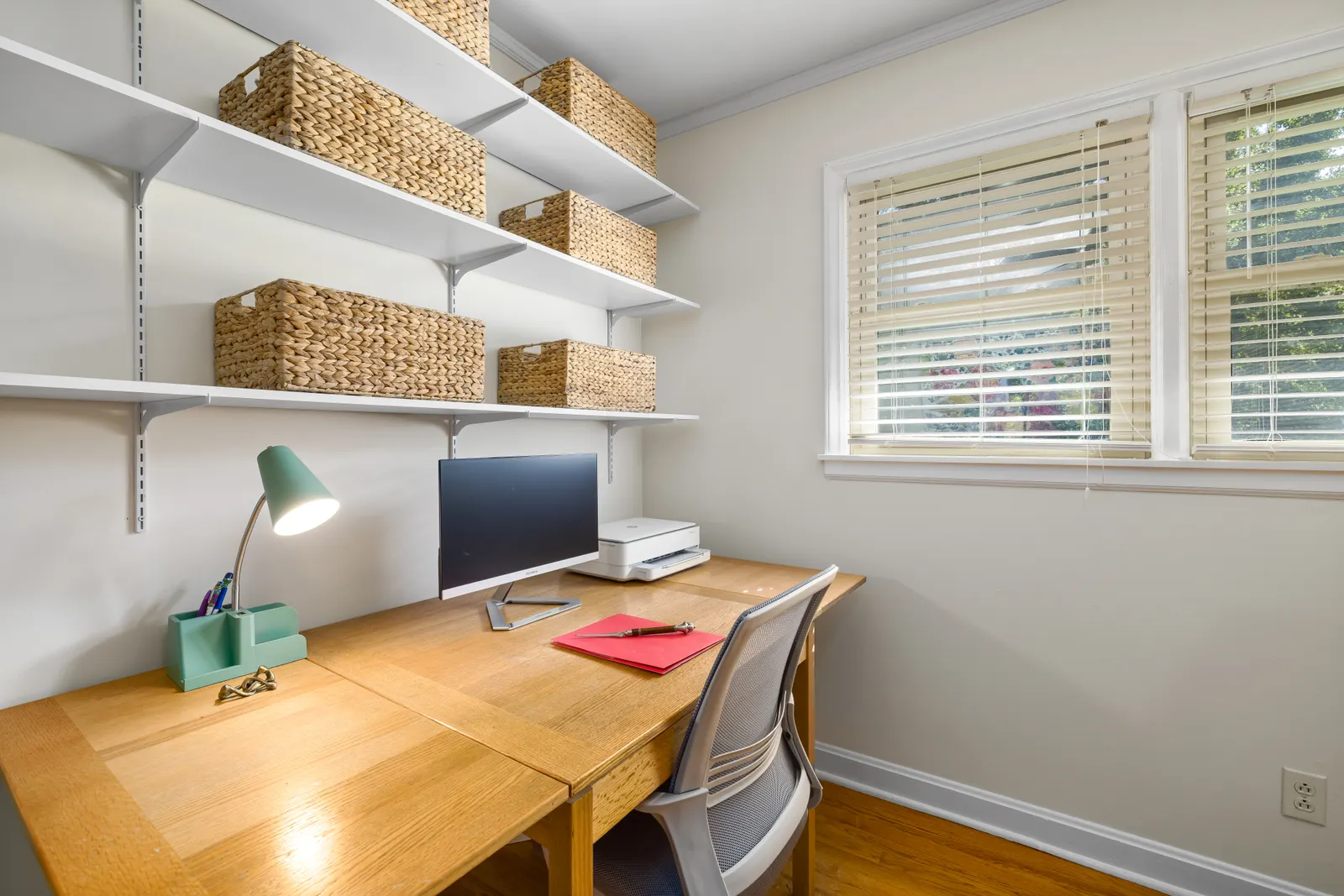 Home Office Cabinets 3 Home office desk under wall shelves with storage baskets