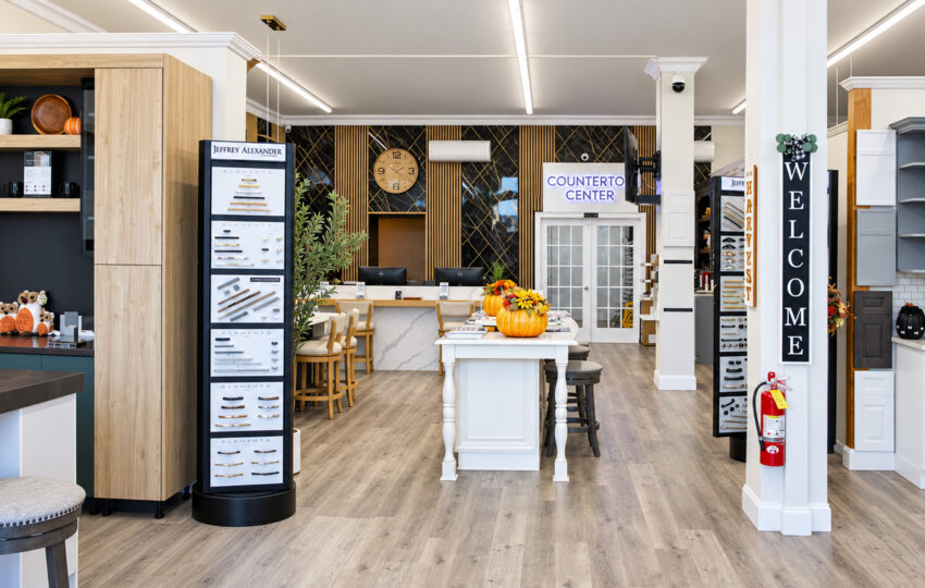 Cabinet and countertop displays inside the Kitchen Factory Newark showroom in Newark, NJ