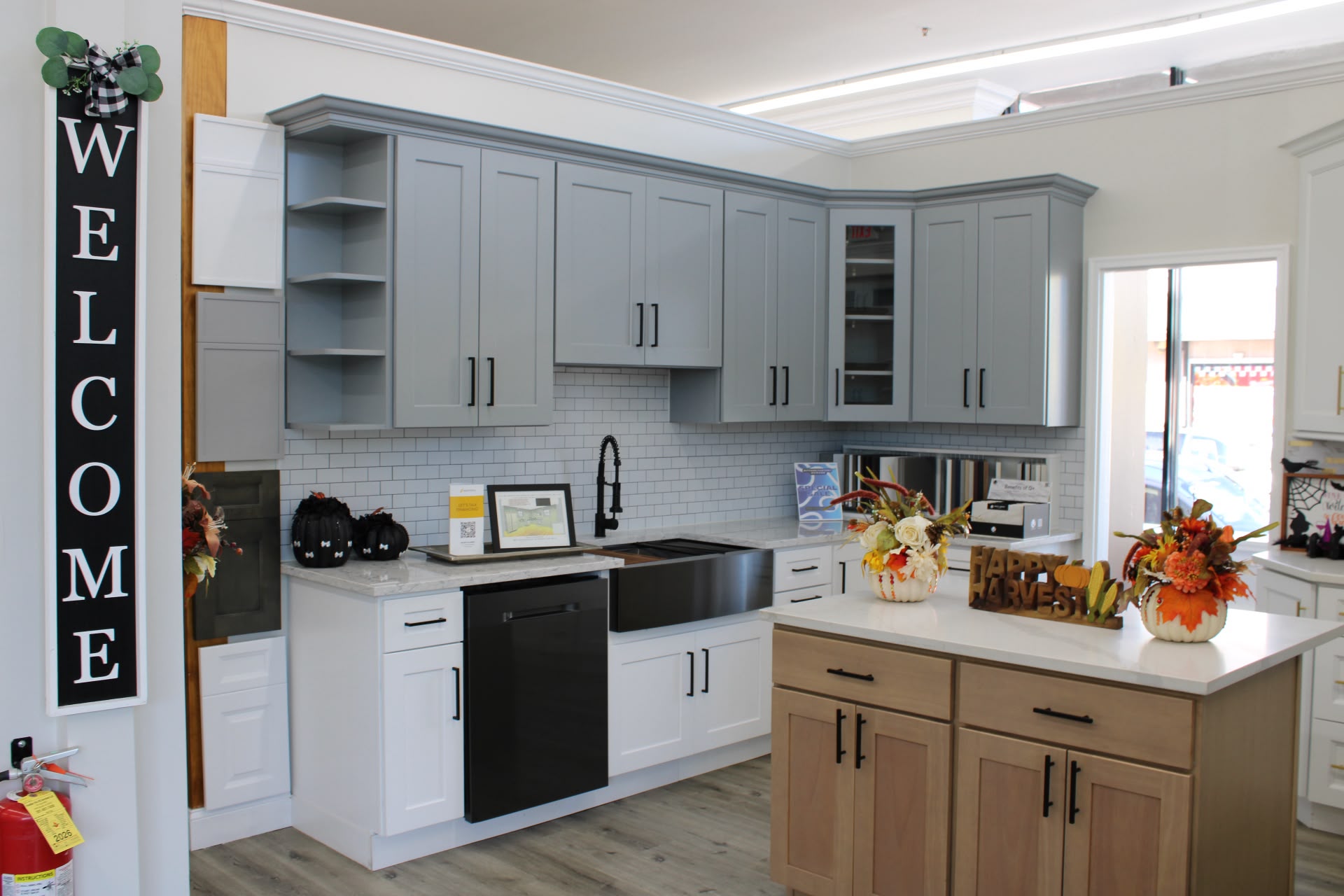 Newark, NJ 1 Kitchen cabinet and countertop displays at the Kitchen Factory Newark showroom in Newark, NJ