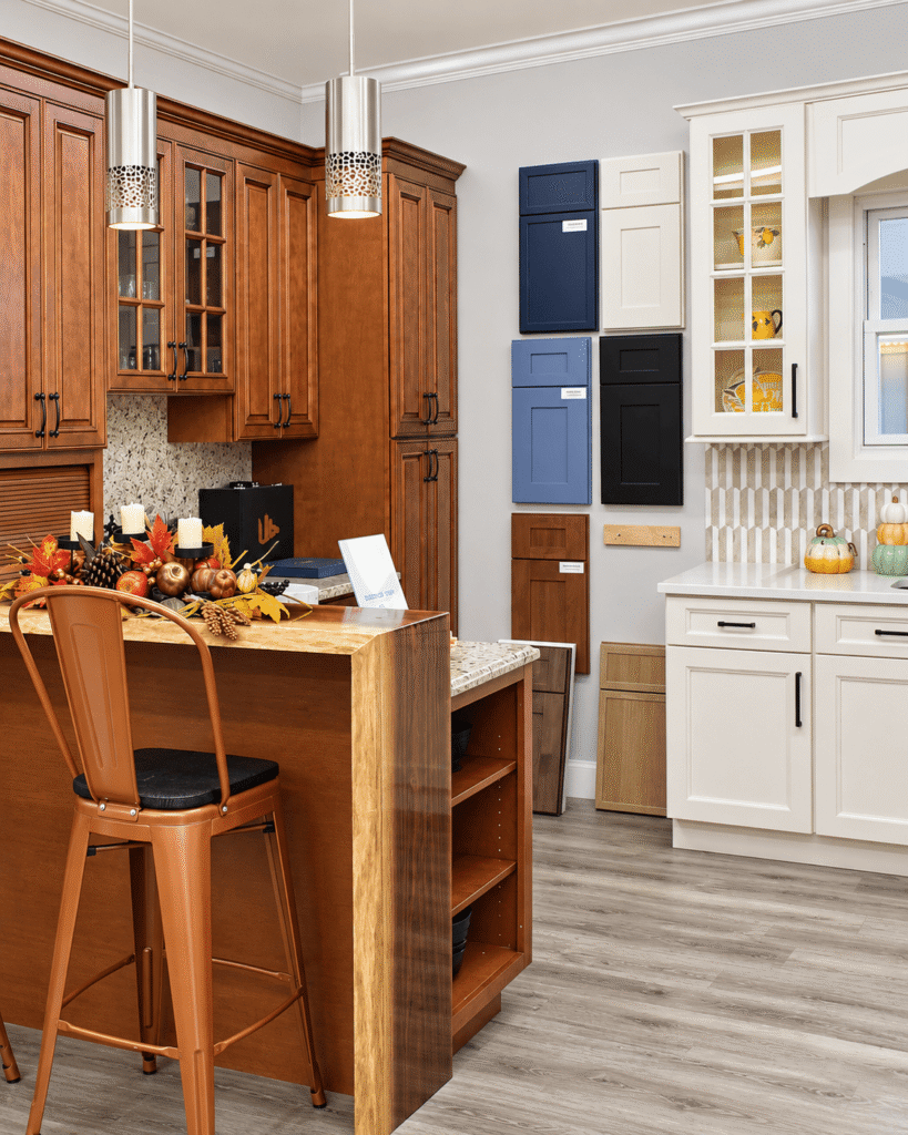 Kitchen cabinet door samples in navy, white, blue, black and wood finishes at the Kitchen Factory Newark showroom