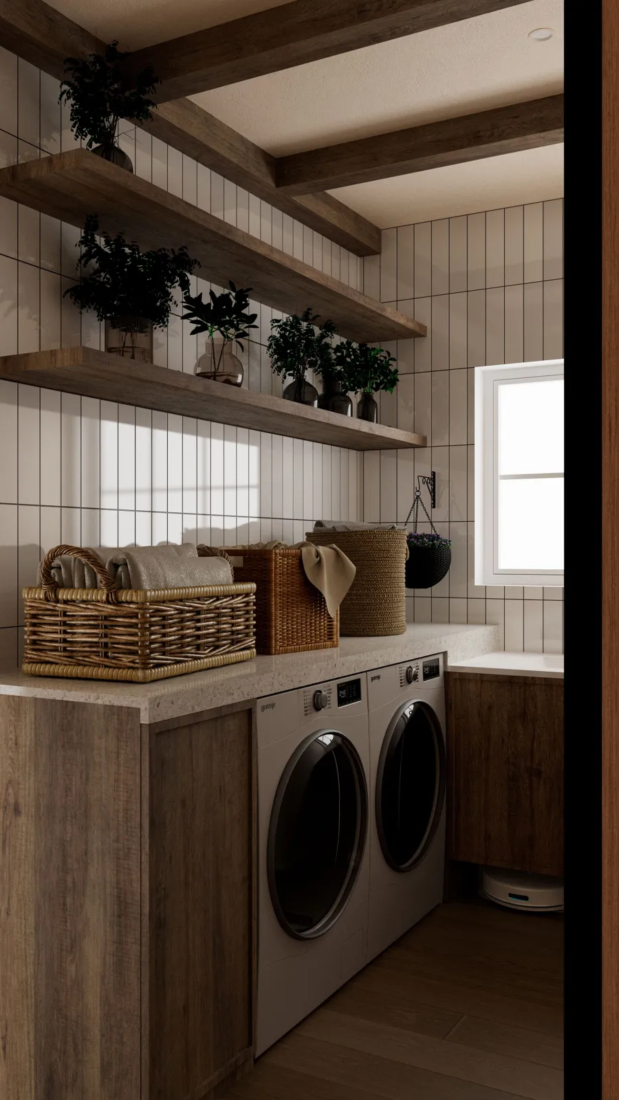 Laundry room with wood base cabinets, open shelves and stacked machines