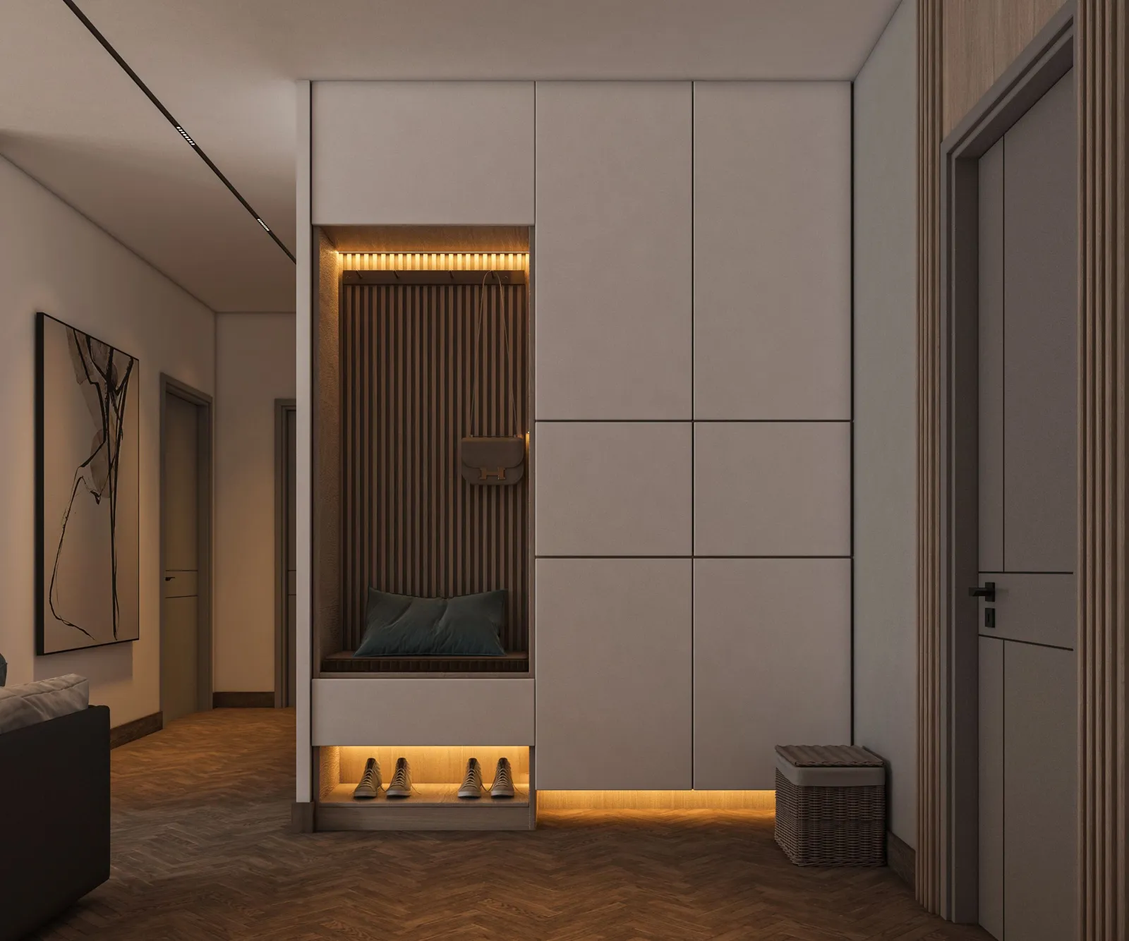 Mudroom Cabinets 3 Modern entry cabinet with flush doors, a padded bench niche and lighting