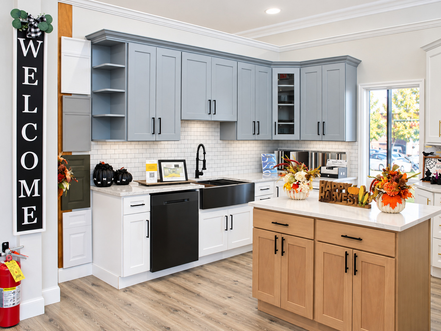 natural wood kitchen cabinets showroom display