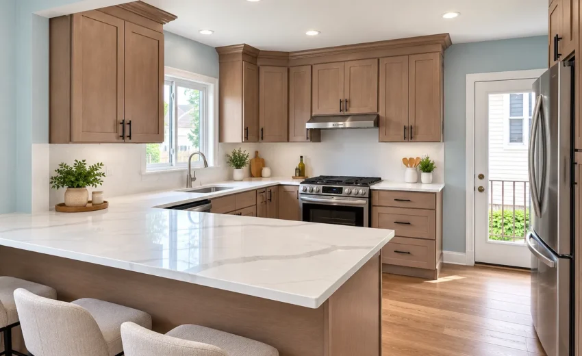 Taupe shaker kitchen with a white countertop peninsula and three upholstered counter stools