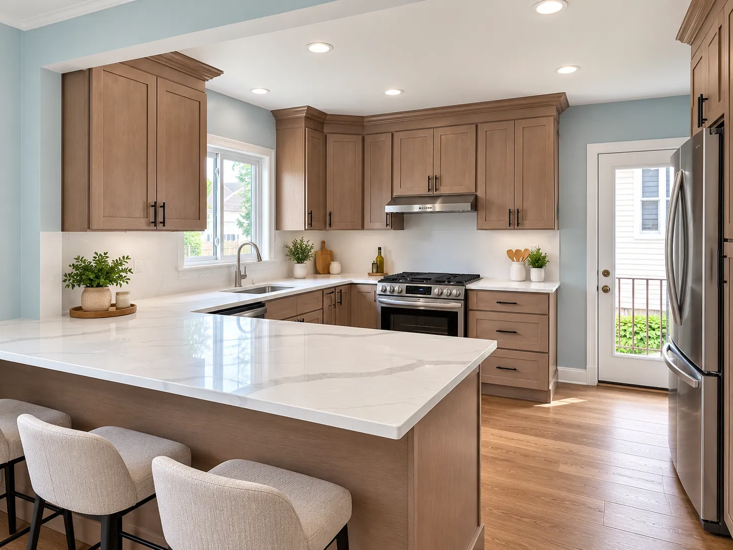 Taupe shaker kitchen with a white countertop peninsula and counter stools