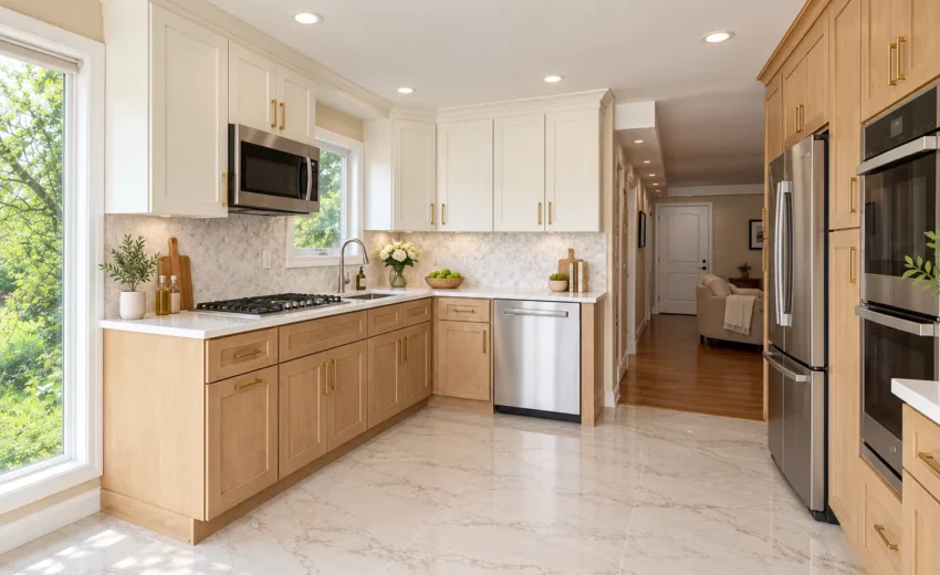 L-shaped kitchen with natural wood lower cabinets, white upper cabinets and white countertops