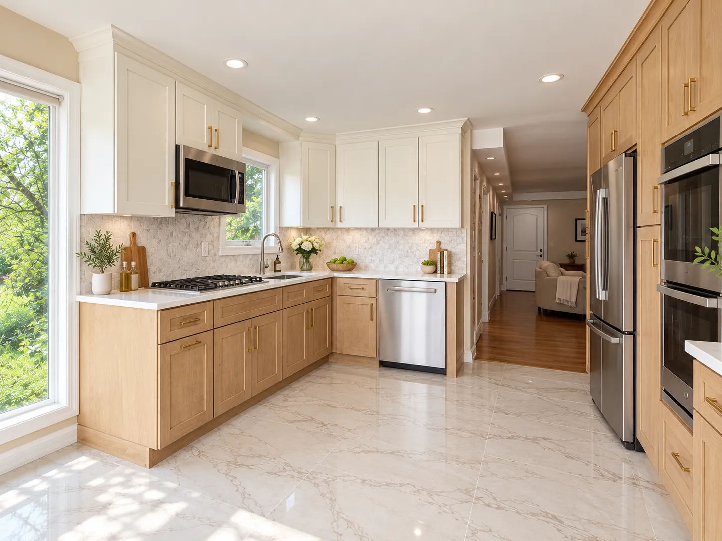 Two-tone kitchen with natural wood base cabinets and white upper cabinets