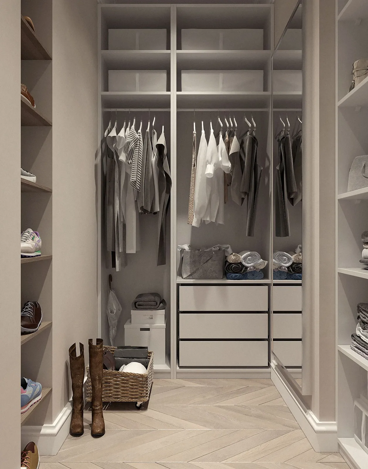 Custom Closets 2 Walk-in closet with double hanging rods, open shelving and drawers