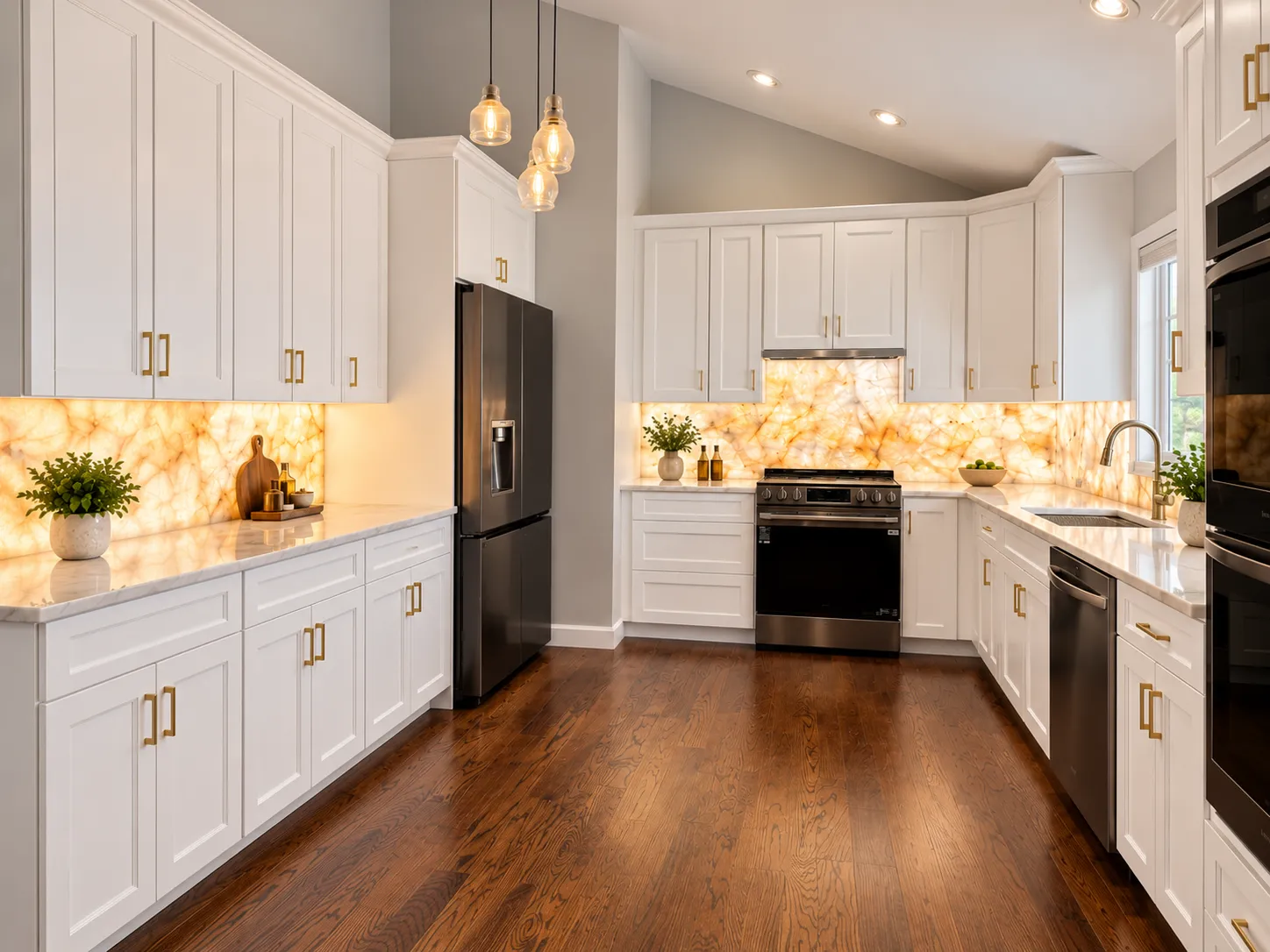White shaker cabinets with brushed gold handles and a backlit onyx-look backsplash