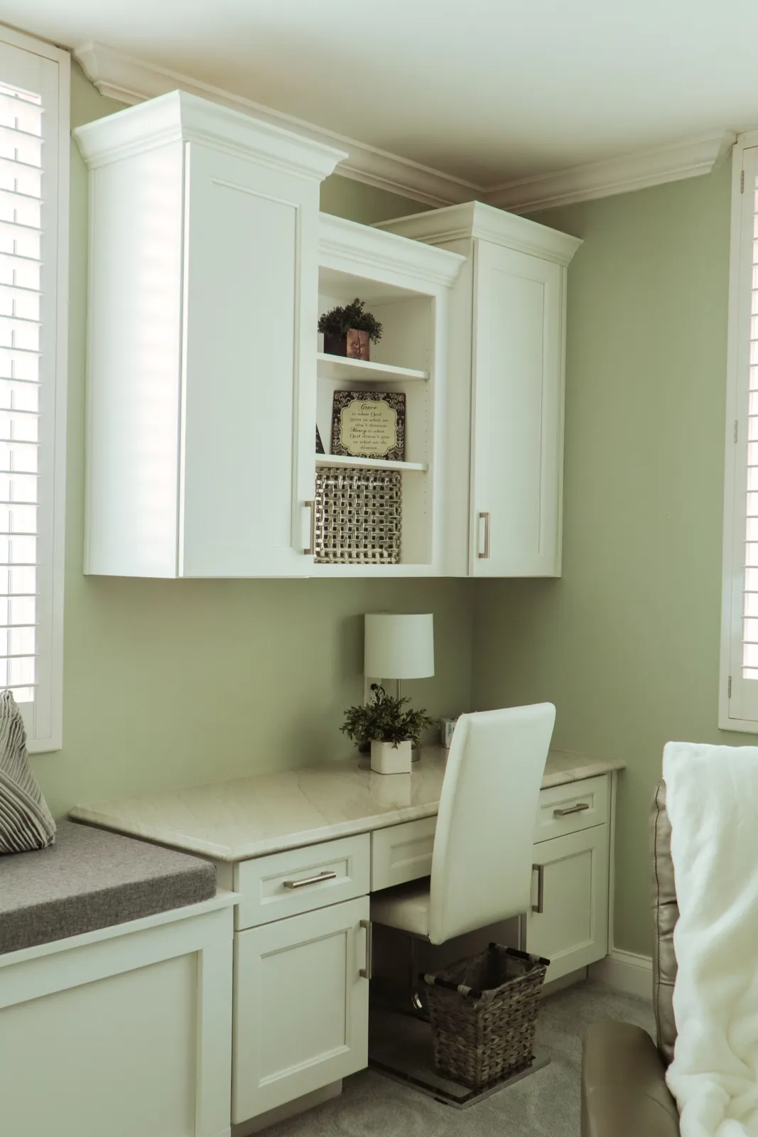 Kitchen Cabinets 17 White home office cabinets with glass-front uppers and a built-in desk