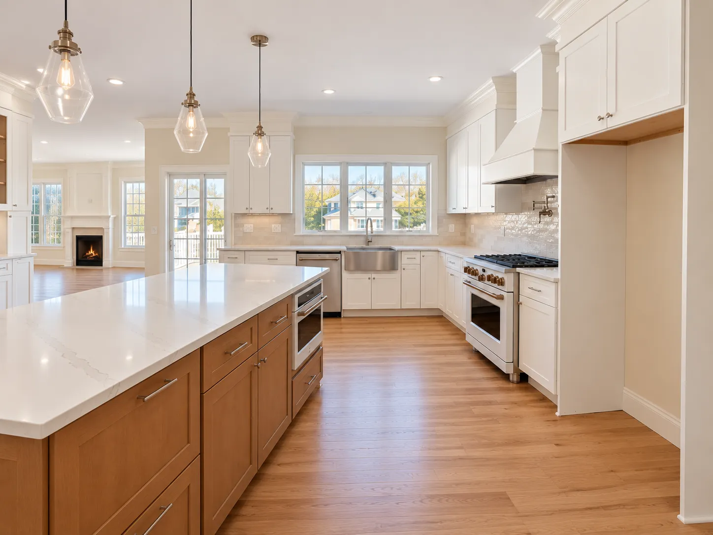 White shaker cabinets and range hood beside a natural wood kitchen island