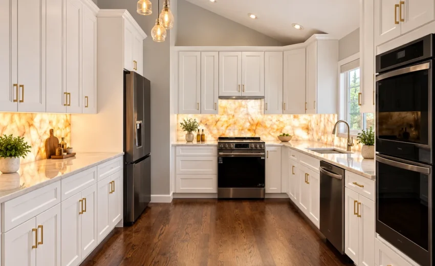 White shaker kitchen with gold handles and a glowing backlit onyx-look backsplash