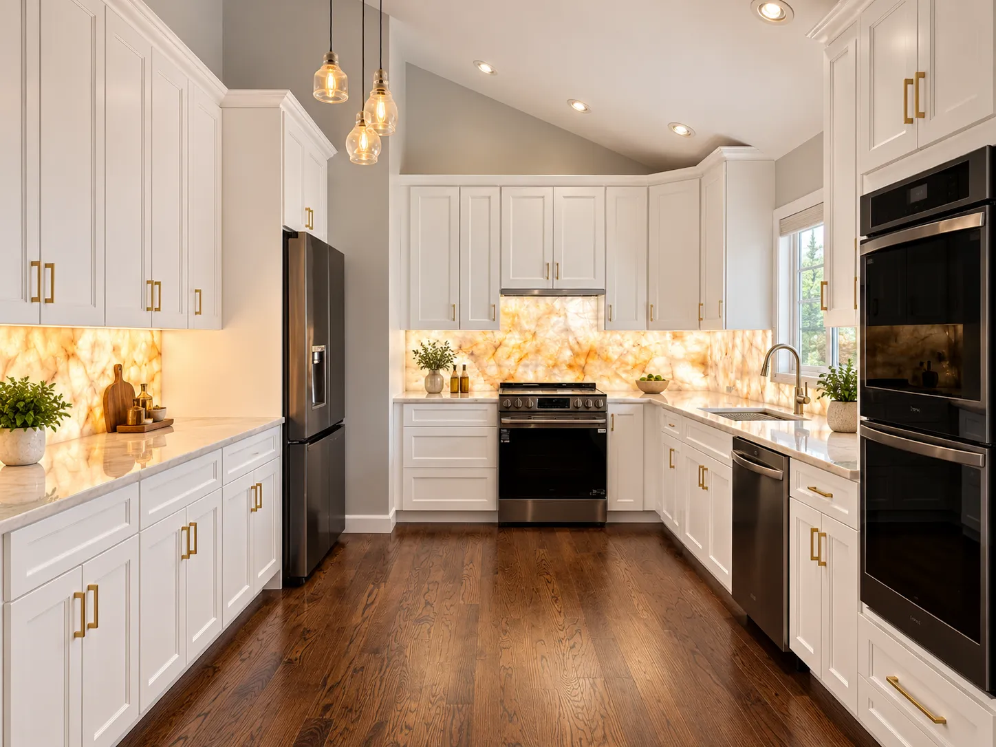White shaker kitchen with gold handles and a backlit onyx-look backsplash