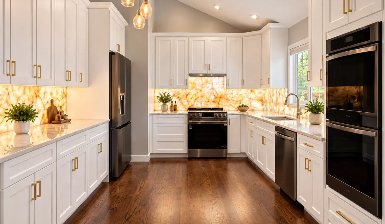 White shaker kitchen with a dark hardwood floor, wall ovens and a backlit backsplash