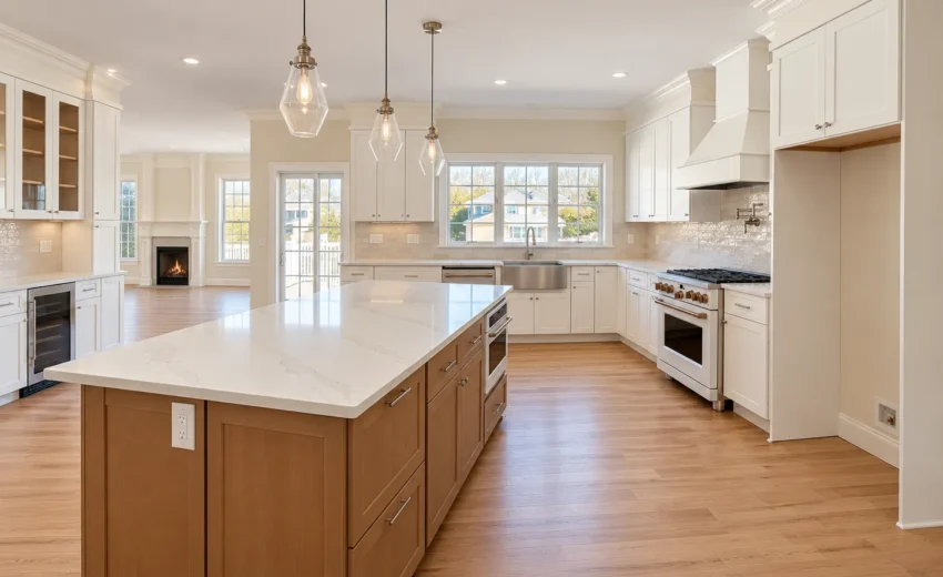 Open white shaker kitchen with a natural wood island, three glass pendant lights and hardwood floors