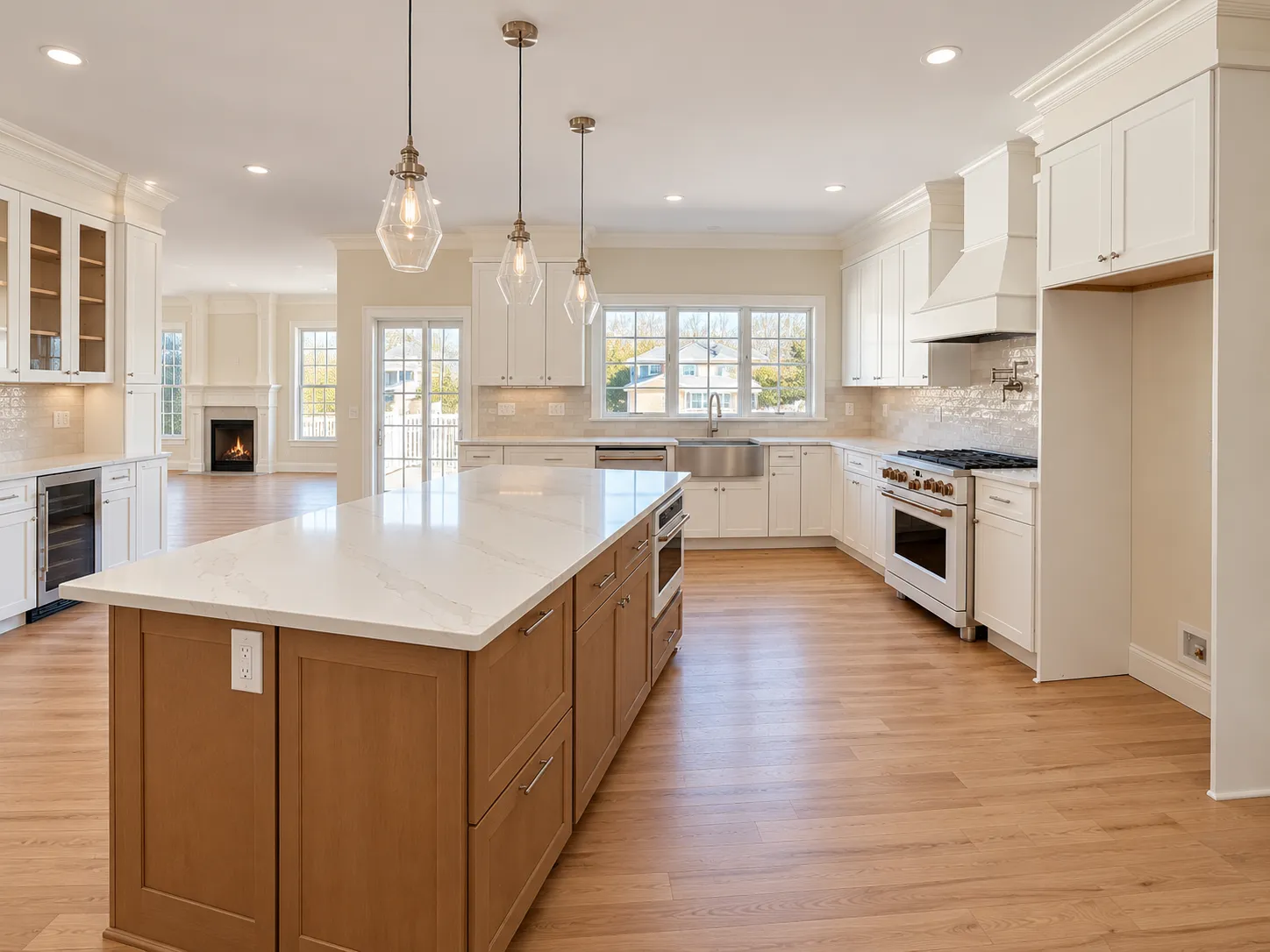 Open white shaker kitchen with a natural wood island and glass pendant lights