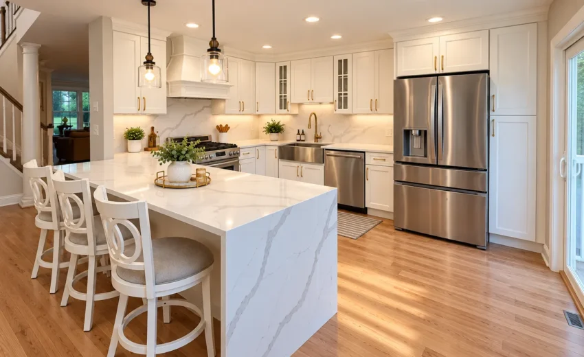White shaker kitchen with a marble-look waterfall island, white counter stools and brass cabinet hardware