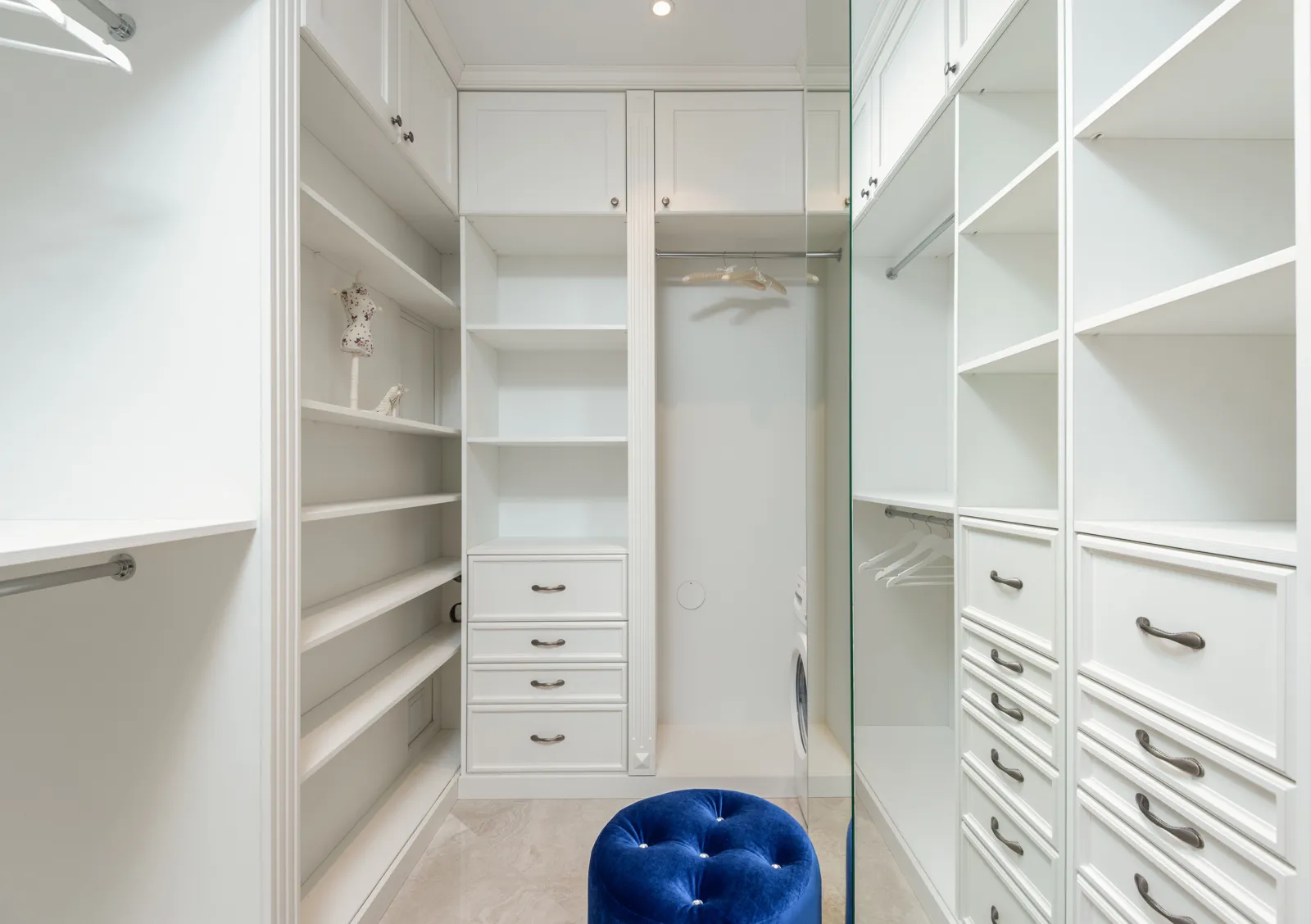 Kitchen Cabinets 14 White walk-in closet with open shelves, hanging space and drawers