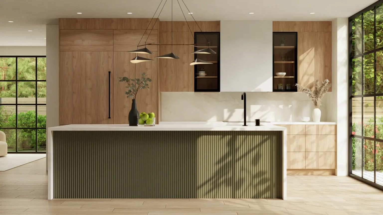 Queens, NY 2 Wood kitchen cabinets with an olive fluted island and a white waterfall countertop