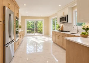 Bright two-tone kitchen with wood base cabinets, white upper cabinets and a patio door