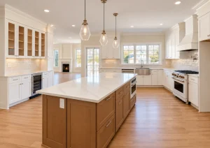 White glass-front upper cabinets above a wine cooler, beside a natural wood kitchen island