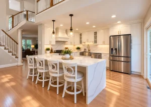Open-concept white kitchen with a waterfall island and island seating next to the staircase