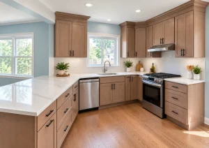 Taupe shaker cabinets along two walls with a stainless range, dishwasher and sink