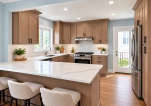 Wide view of a taupe kitchen with peninsula seating, light blue walls and a hardwood floor