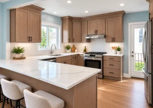 Taupe shaker cabinets with matte black handles, a stainless range and a sink under the window