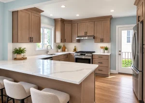 Taupe shaker kitchen with a white countertop peninsula and three upholstered counter stools