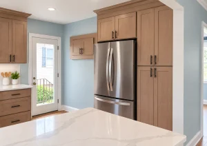 Tall taupe pantry cabinets framing a stainless refrigerator next to a back door