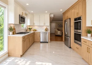 Two-tone L-shaped kitchen with wood base cabinets, white uppers and a tall wood oven cabinet