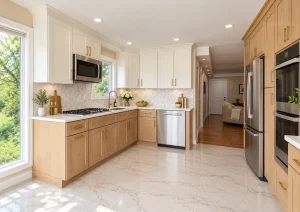 L-shaped kitchen with natural wood lower cabinets, white upper cabinets and white countertops