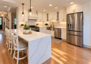 Marble-look waterfall island with four white counter stools under glass pendant lights