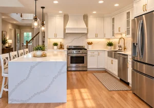 Waterfall island end panel facing a white range hood, gas range and stainless refrigerator