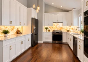 White shaker cabinets with brushed gold handles under a backlit amber onyx-look backsplash