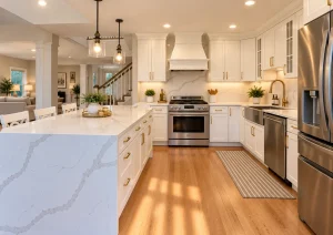 White island cabinets with brass handles under a marble-look waterfall countertop
