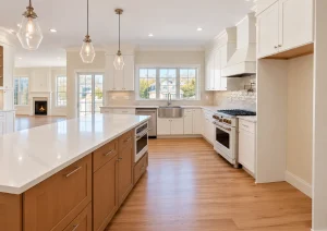 White shaker cabinets and a white range hood over a professional-style range, beside a wood island
