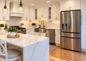White shaker cabinets with brass handles around a farmhouse sink, brass faucet and refrigerator