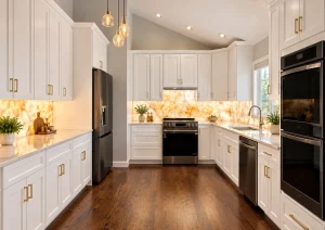 White shaker kitchen with gold handles and a glowing backlit onyx-look backsplash
