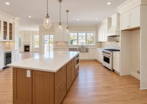 Open white shaker kitchen with a natural wood island, three glass pendant lights and hardwood floors